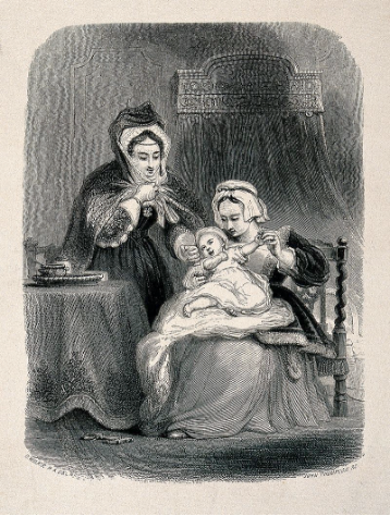 ‘A female servant holds a small child whilst its fashionably dressed mother touches its face on her way out’