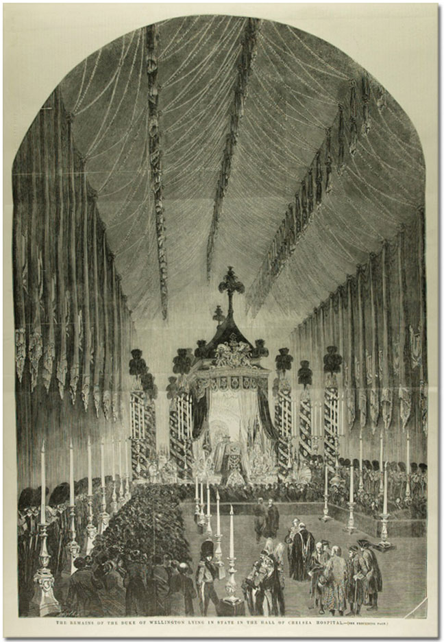 Page from Illustrated London News showing Wellington lying in state at Chelsea Hospital