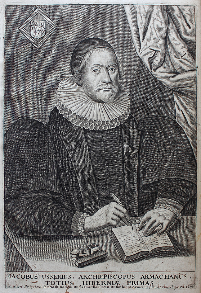 Portrait of James Ussher, Archbishop of Armagh, writing in a note-book: Richard Parr, *The life of the Most Reverend Father in God, James Usher, late Lord Arch-Bishop of Armagh, primate and metropolitan of all Ireland* (London, 1686), frontispiece. © The Trustees of the Edward Worth Library, Dublin