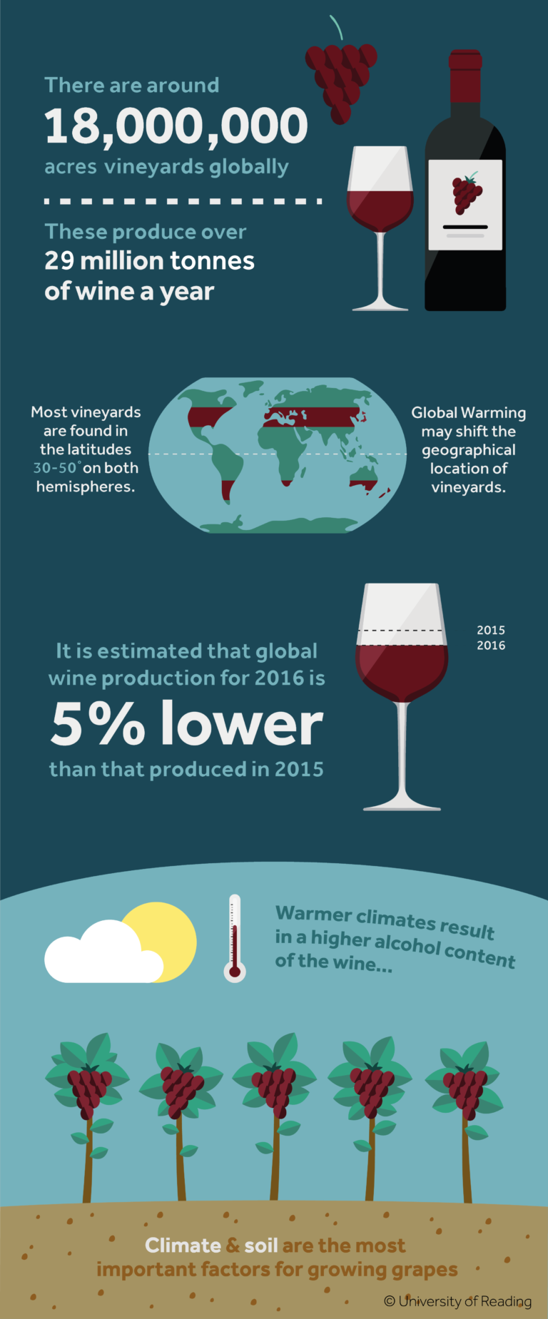 Infographic on the wine industry stating the following: There are around 18,000 vineyards globally. These produce over 28 million hectolitres of wine a year. Most vineyards are found in the latitudes 30-50 degrees on both hemispheres. Global Warming may shift the geographical location of vineyards. It is estimated that global wine production for 2016 is 5% lower than that produced in 2015. Warmer climates result in a higher alcohol content of the wine. Climate & soil are the most important factors for growing grapes.