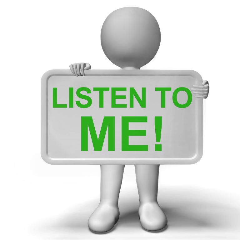 Illustration of a person holding a sign saying "Listen to me!"