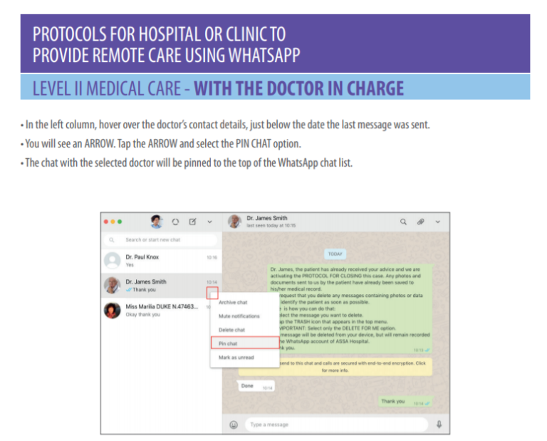 Screengrab from a manual that talks about how WhatsApp can be used to provide patients with care, the screengrab shows instructions for setting up a WhatsApp chat in order to provide care for the patient via the messaging app