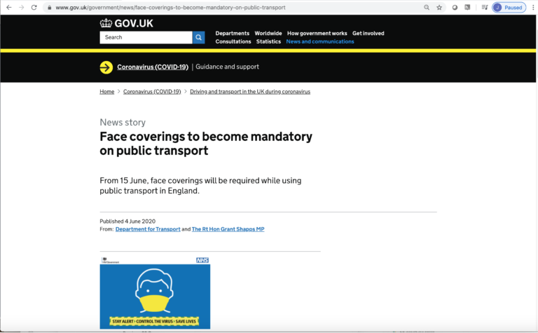 screenshot from gov-uk web site announcing "Face coverings to become mandatory on public transport. From 15 June, face coverings will be required while using public transport in England."