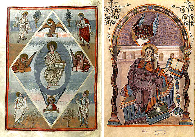 Fig 5-6, depiction of Jesus Christ with the evangelists from the Moutier-Grandval Bible and a portrait of St. Mark from the Codex Aureus of Lorsch, respectively