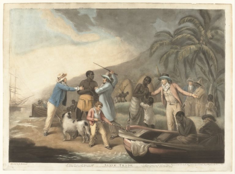 Scene on the West African coast. On the left, two European men hit an African man. On the right, another European man takes his wife and child. On the right, a rowboat is hauled in in which an enslaved man holds his hands over his face.