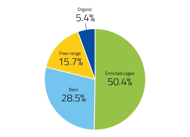 Pie chart of egg production systems: EU (2018), split into four sections: 15.7% Free-range, 5.4% organic, 50.4% enriched cages, 28.5% barn.
