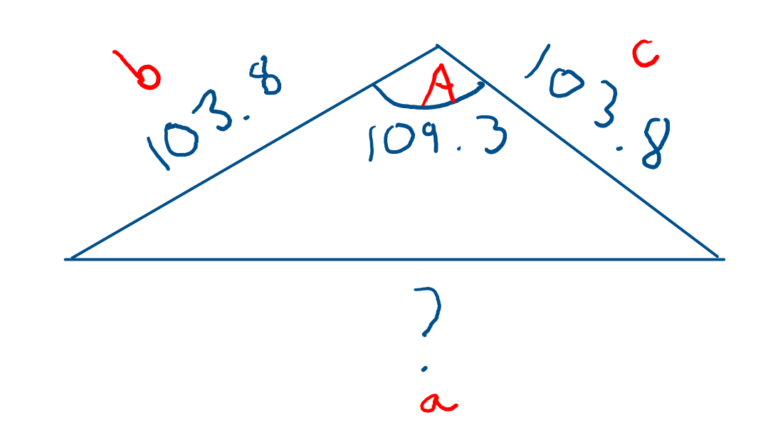 The diagram shows an isosceles triangle such that the two equal sides are labelled b and c and are 103.8 in length. The other side is labelled a and the length is shown with a question mark. The angle opposite side a is labelled angle A and its size is 109.3.