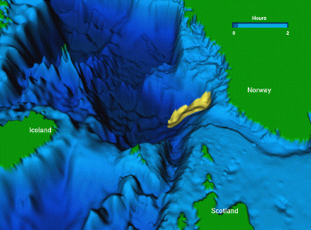 3D computer animation of the North Atlantic sea floor highlighting the area where the underwater Storegga landslide is thought to have occurred