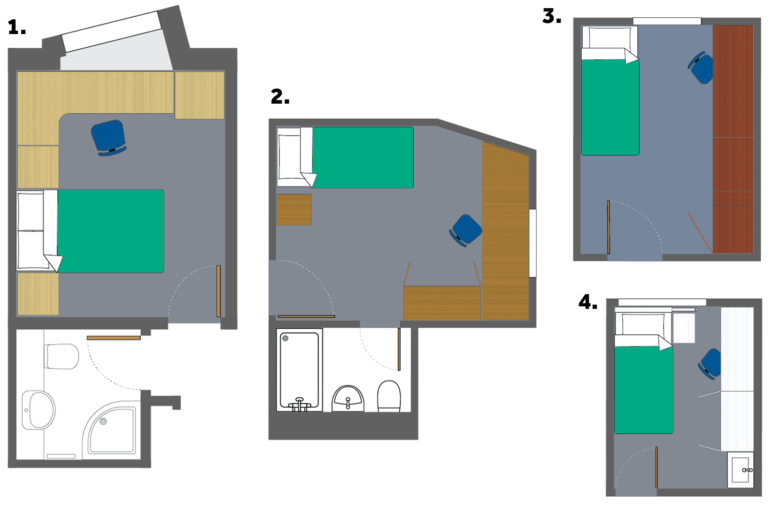 Floor plans of 4 different rooms. From left to right 1. A double bedroom with en-suite shower and a large desk that runs along the wall and corner. 2. A large single room with an en-suite and a large desk and wardrobe running against the wall. 3. A large single room with a desk and wardrobe. 4. A small single bed room with a sink in the corner and a desk and wardrobe running along the wall.