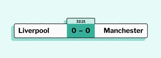 A football scoreboard reading Liverpool 0 - 0 Manchester, then changing to Liverpool 0 - 1 Manchester