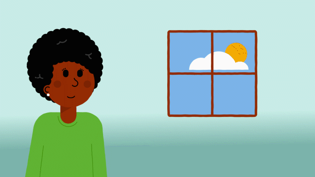 An animation of a woman looking at the weather through a window. The weather changes between the sun in a clear sky, the sun partially hidden behind a cloud, and a raining cloud. While the weather is sunny the woman is happy, but she is sad when it is raining.