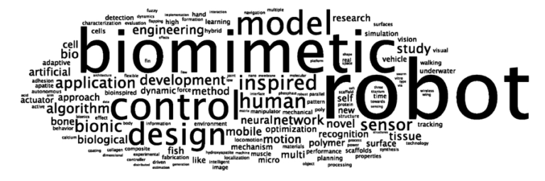 The word cloud shows the popularity of terms occurring in the titles of papers on biomimetic research. The word size is proportional to the frequency of word occurrence. The most popular words are 'biomimetic', 'robot', 'control', 'model' and 'design'.
