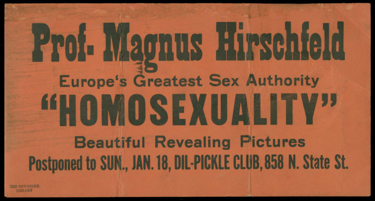 Advertisement for a lecture in Chicago on ‘Homosexuality’ by Magnus Hirshfeld (1931)