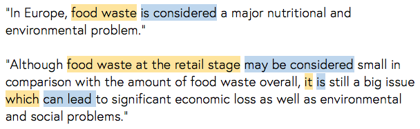 “In Europe, (food waste)[yellow] (is considered)[blue] a major nutritional and environmental problem.” “Although (food waste at the retail stage)[yellow] (may be considered)[blue] small in comparison with the amount of food waste overall, (it)[yellow] (is)[blue] still a big issue (which)[yellow] (can lead)[blue] to significant economic loss as well as environmental and social problems.”