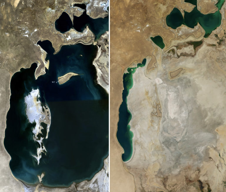 A aerial shot comparison of the Aral Sea in 1989 and 2014 highlighting how the sea has dried and shrunk.