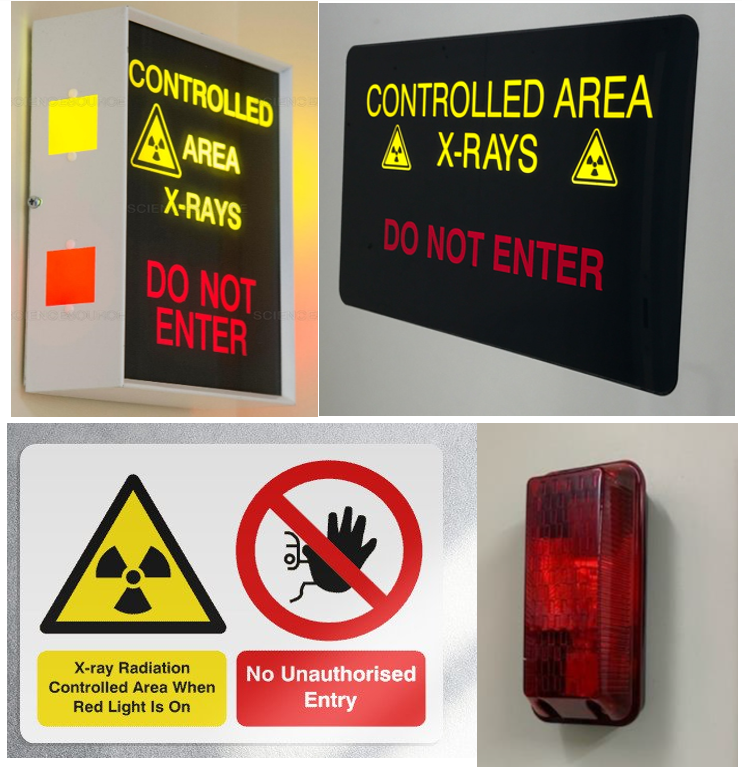 photos of controlled area warning lights - the first is yellow and states 'Controlled area x-rays' and the second is red and states 'Do not enter'