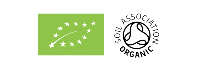 the EU Organic logo is a green rectangle with a leaf in the middle outlined by white stars. The soil association logo is black and white with a triangle shape within a circle and written around the symbol in a circle is Soil Association Organic
