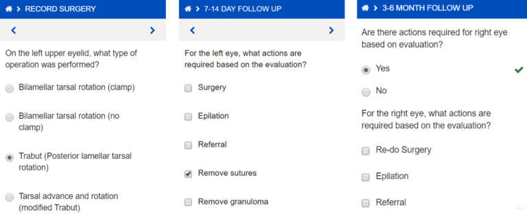Screenshots of 3 TT tracker forms showing, each one showing the necessary tick boxes to be selected as appropriate for each patient