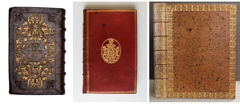 From left to right: An early sixteenth-century Italian gold-tooled cover on Julius Caesar, *Commentariorum de bello Gallico* (Venice, 1519); an early eighteenth-century French gold-tooled cover on Grattius, *Poëtae tres egregij* (Venice, 1534); an early eighteenth-century Irish gold-tooled cover and spine from the Worth bindery on Johann Christian Buxbaum, *Plantarum minus cognitarum centuria I complectens : plantas circa Byzantium & in Oriente observatas* (St. Petersburg, 1728). © The Trustees of the Edward Worth Library, Dublin. 
