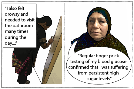 Seema is leaning against a doorway and saying "I also felt drowsy and needed to visit the bathroom many times during the day." Close up of Seem's face and she is saying "Regular finger prick testing of my blood glucose confirmed that I was suffering from persistent high sugar levels."