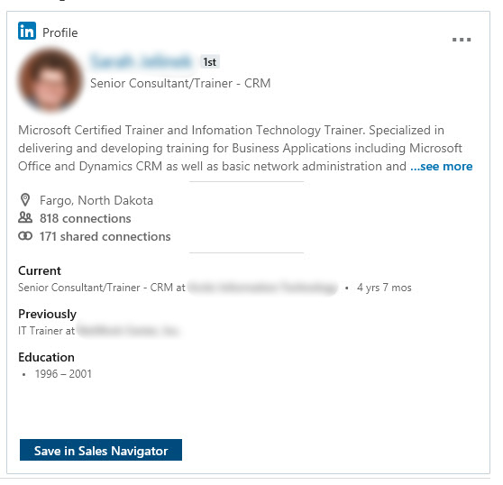 Screenshot of LinkedIn Contact Top Card