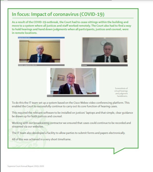 A screen capture from the UKSC Annual Report, with three pictures of screen captures from video hearings for the Supreme Court during 2020