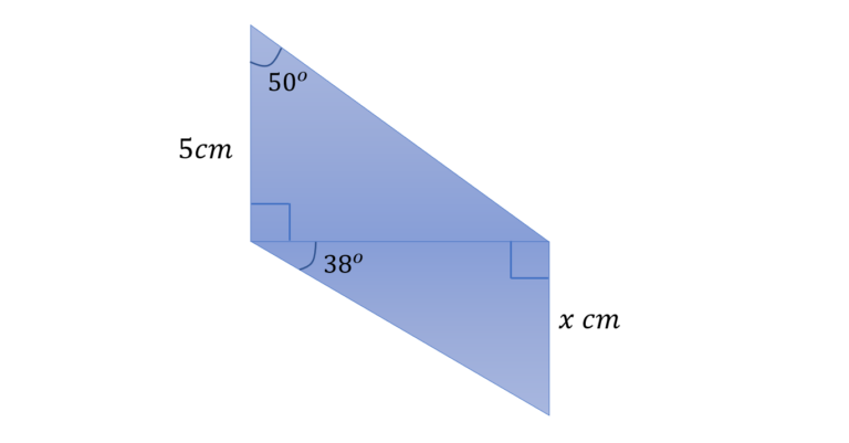 The image shows two right-angled triangled which are joined together. The first right-angled triangle has one angle labelled with a square and another angle labelled 50 degrees, the other angle is unlabelled. There is a side of 5cm which is the side opposite the unlabelled angle. The second right-angled triangle has an angle labelled with a square and another angle labelled 38 degrees. The third angle is unlabelled. The side opposite the angle of 38 degrees is labelled x cm. The side that is opposite the angle of 50 degrees in the first triangle, and the side that is opposite the unlabelled angle in the second triangle are joined together and appear to be the same length.