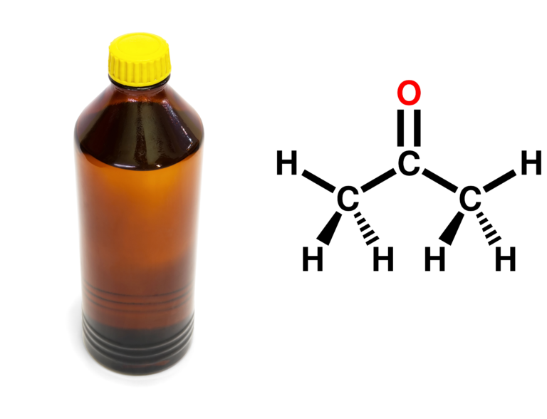 One type of organic solvent is acetone – here is the chemical formula and acetone in a bottle