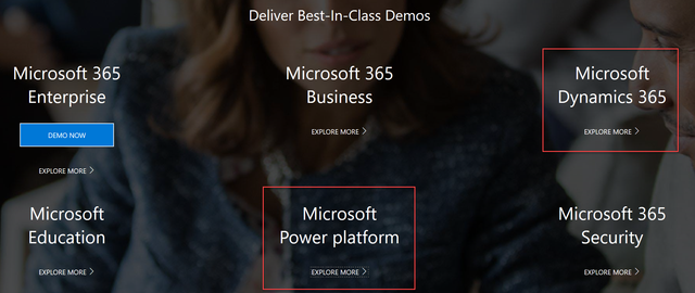 A screenshot of Microsoft demos.microsoft.com with the Power platform and Dynamics 365 options highlighted