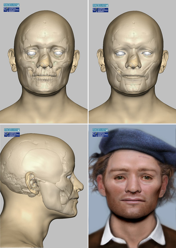 Image divided into four quadrants, showing stages in the facial reconstruction of one of the Scottish Soldiers. Three images show a digital scan of the skull and the addition of anatomical features such as muscles. The final images shows a reconstructed face of a red-haired young man