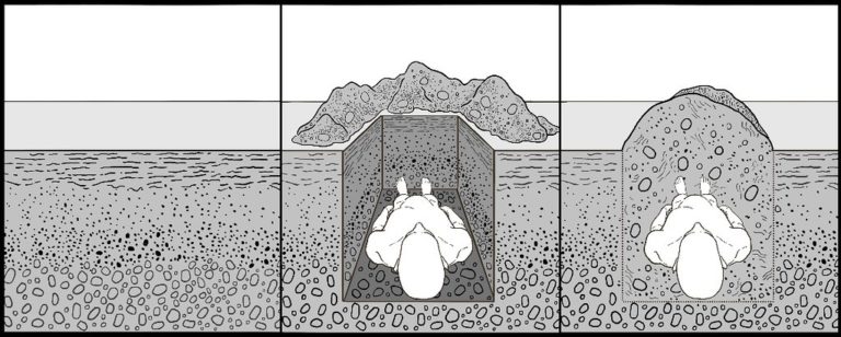 A schematic showing a grave cut. Different layers of soil may become mixed together in the grave fill so that the soil filling the grave is slightly different in colour and texture to the surroundings