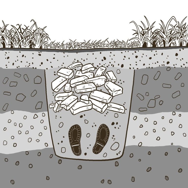 Schematic image of a grave with a body in it. Over the top of the grave the vegetation is more sparse compared to the surroundings because some rocks had been placed over the body and these affected plant growth