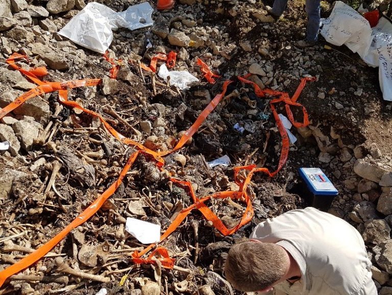 A jumble of bones at the base of a ravine. Decayed clothing and other debris is present. A forensic anthropologist and a toolbox are present along with tape demarcating the site