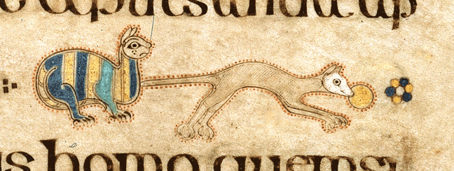 Figure 1, Folio 48r, from the Book of Kells, a cat that has caught a rat with a piece of eucharistic bread in its mouth