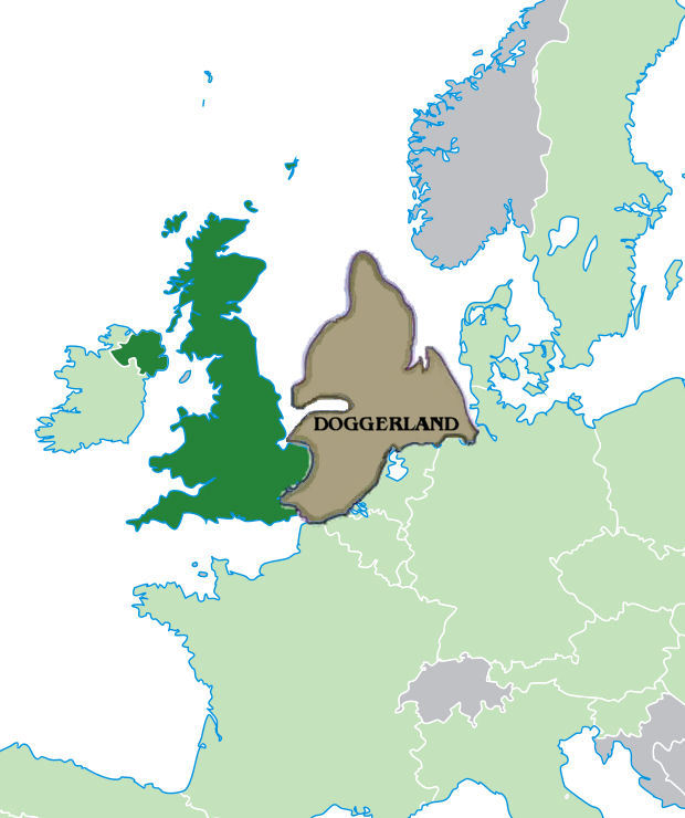 A map of modern day UK and Continental Europe with the area where Doggerland is thought to have been highlighted and labelled. Covering modern day Dover Straits and large areas of the North Sea.