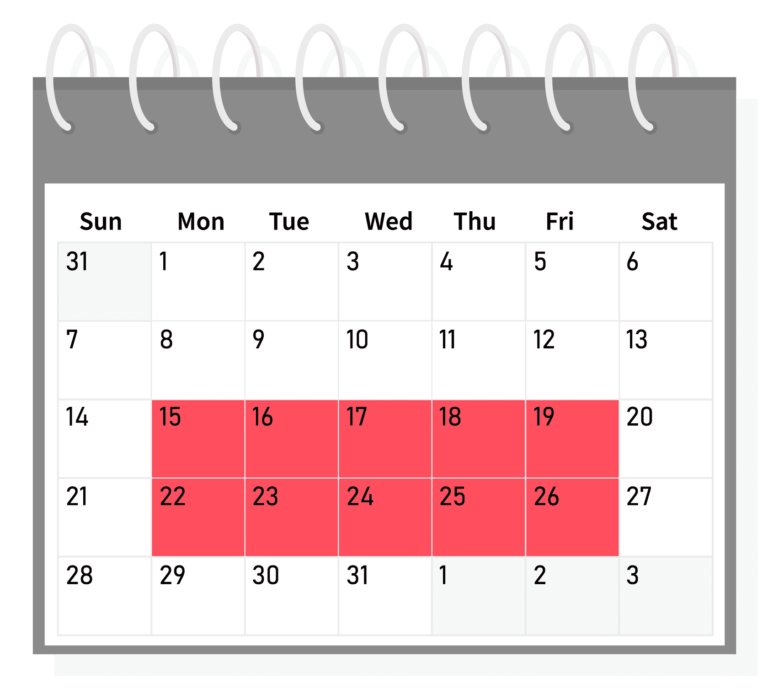 A calendar with the last two weeks of the month highlighted