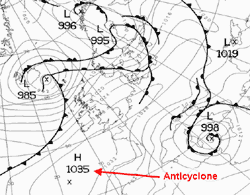 Black and white weather map with a marked anticyclone