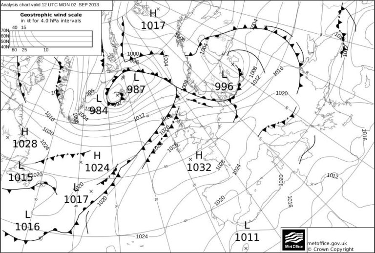 A synoptic or weather chart of Western Europe from 2 September 2013