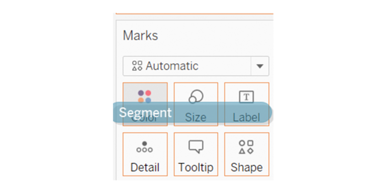 Screenshot of Tableau shows “Segment to Colour”. Under the “Marks” pane “you can see options for “Color”, “Size”, “Label”, “Detail”, “Tooltip” and “Shape”. “Color” is selected. There is also an “Automatic” button option.