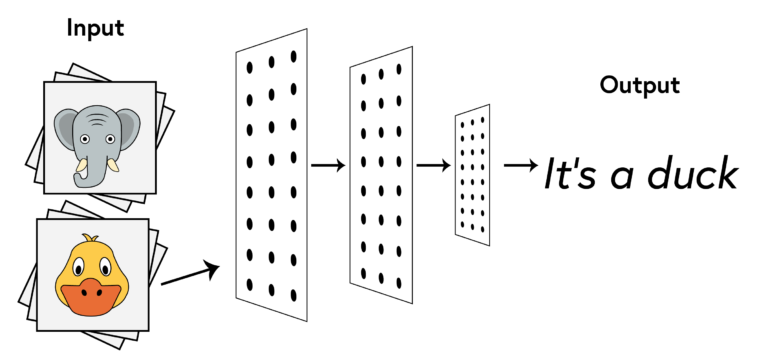 "A diagram of a neural network composed of two stacks of cards, one pile depicting an elephant, the other a duck, which are labelled as the input. An arrow points to a neural network layer illustrated as three rectangles of decreasing size containing points arranged in columns and rows. The arrow flows through each layer and terminates with the output which is labelled 'It’s a duck'."