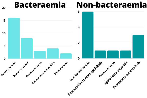 Summary of blood culture results and clinical diagnoses (n=22). There are two graphs - one showing Bacteraemia and one showing Non-bacteraemia.
