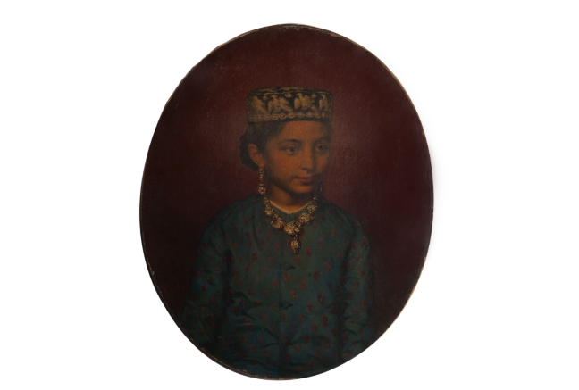 Dhunbai Jamsetji Tata (1861–71) Oil painting of a young girl wearing ornate jewellery