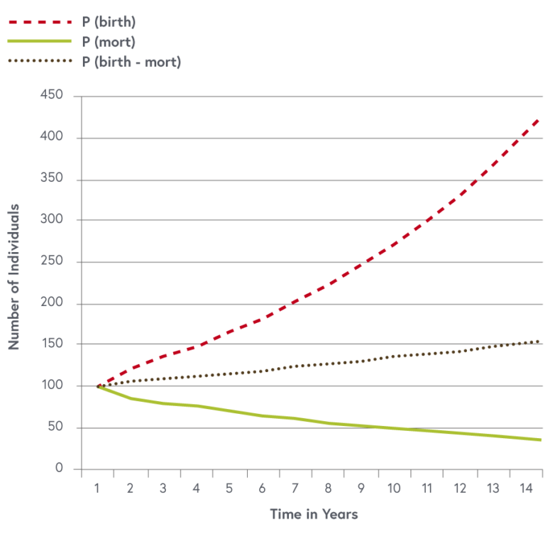 Image three shows the changes in population size over time by year is shown, along with the birth and death rates shown as independent processes.