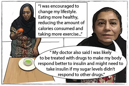 Seema stood with some healthy food. She says "I was encourage to change my lifestyle. Eating more healthy, reducing the amount of calories consumed and taking more exercise. My doctor also said I was likely to be treated with drugs to make my body respond better to insulin and might need to take insulin if my sugar levels didn't respond to other drugs."