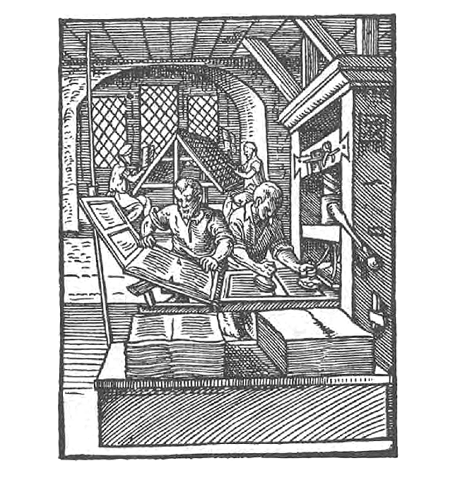 A black and white image of a Printer in Jost Amman, Das Ständebuch (Frankfurt am Main, 1568).