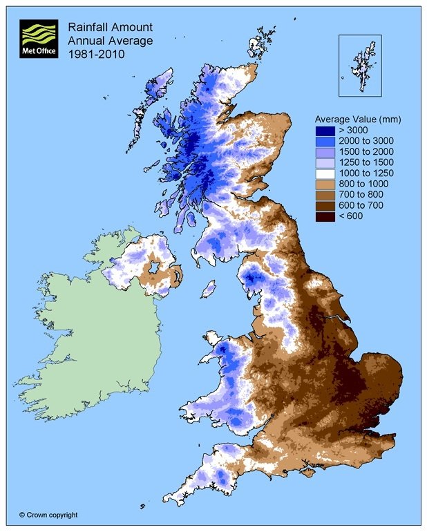 A coloured map of the U, with browns representing below average rainfall and blues representing above average rainfall. High ground in the west clearly shows up as blue, with browns further east and southeast.