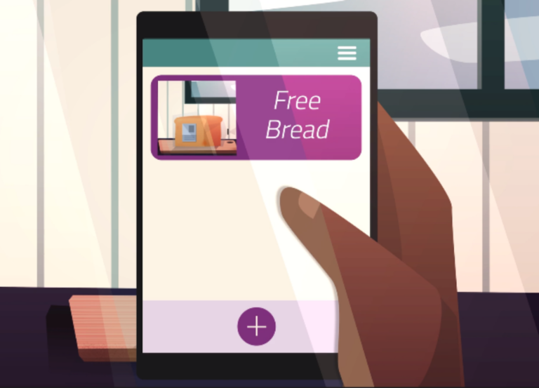 graphic showing a hand holding a smartphone with 'free bread' on the screen