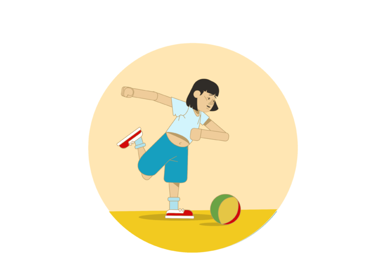 An illustration of a girl with Down syndrome about to kick a football