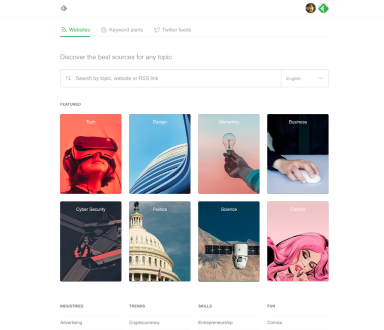 A screenshot of the Feedly homepage