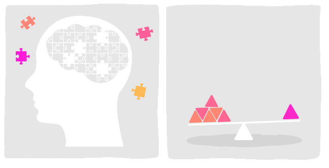 image 1. Illustration of a silhouette of a head with a brain made up of jigsaw pieces. A few pieces are missing and they circle the head. image 2. Illustration of a set of balancing scales with blocks of different sizes